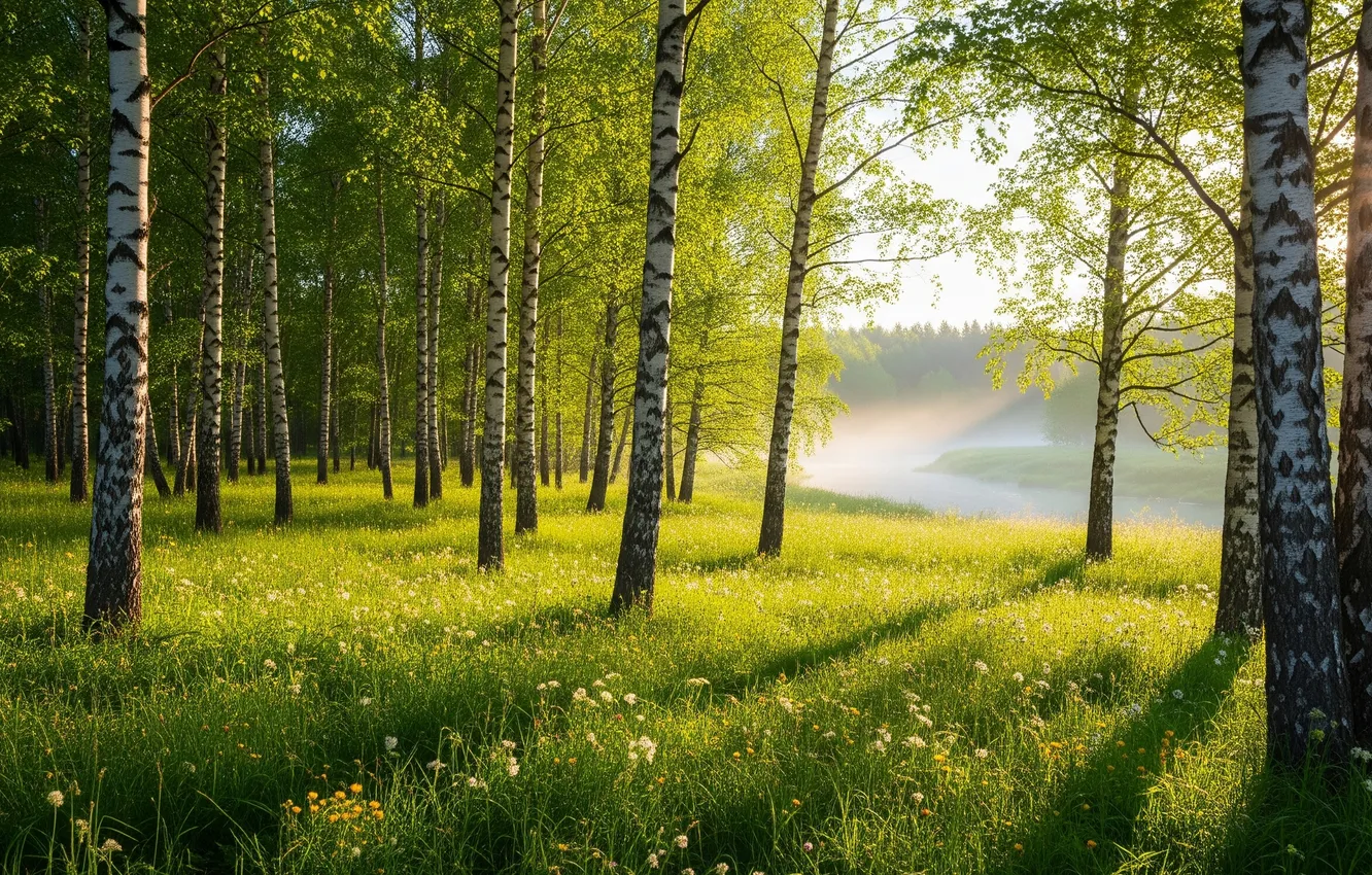 Photo wallpaper fog, river, Wallpaper, wallpaper, birch, grove, river, fog