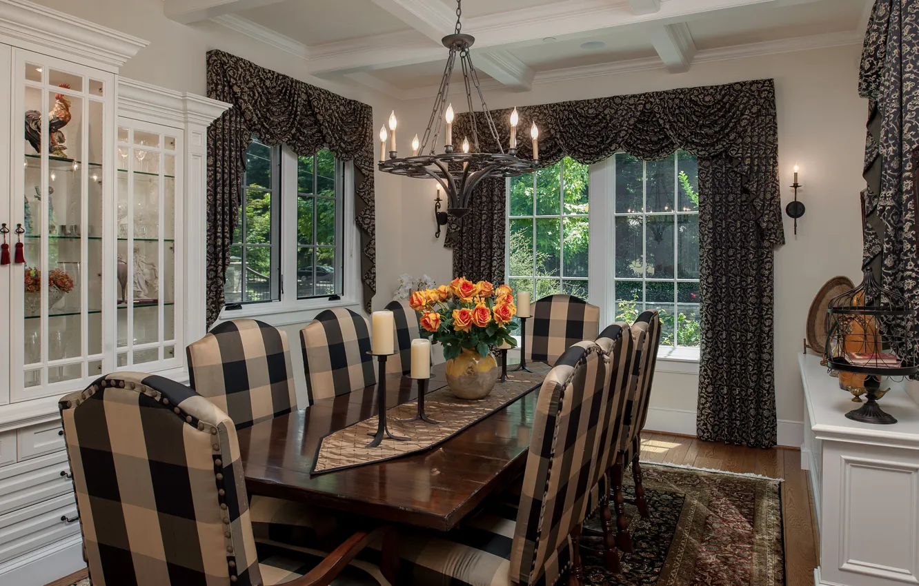 Photo wallpaper table, roses, bouquet, candles, chair, chandelier, curtains, decor