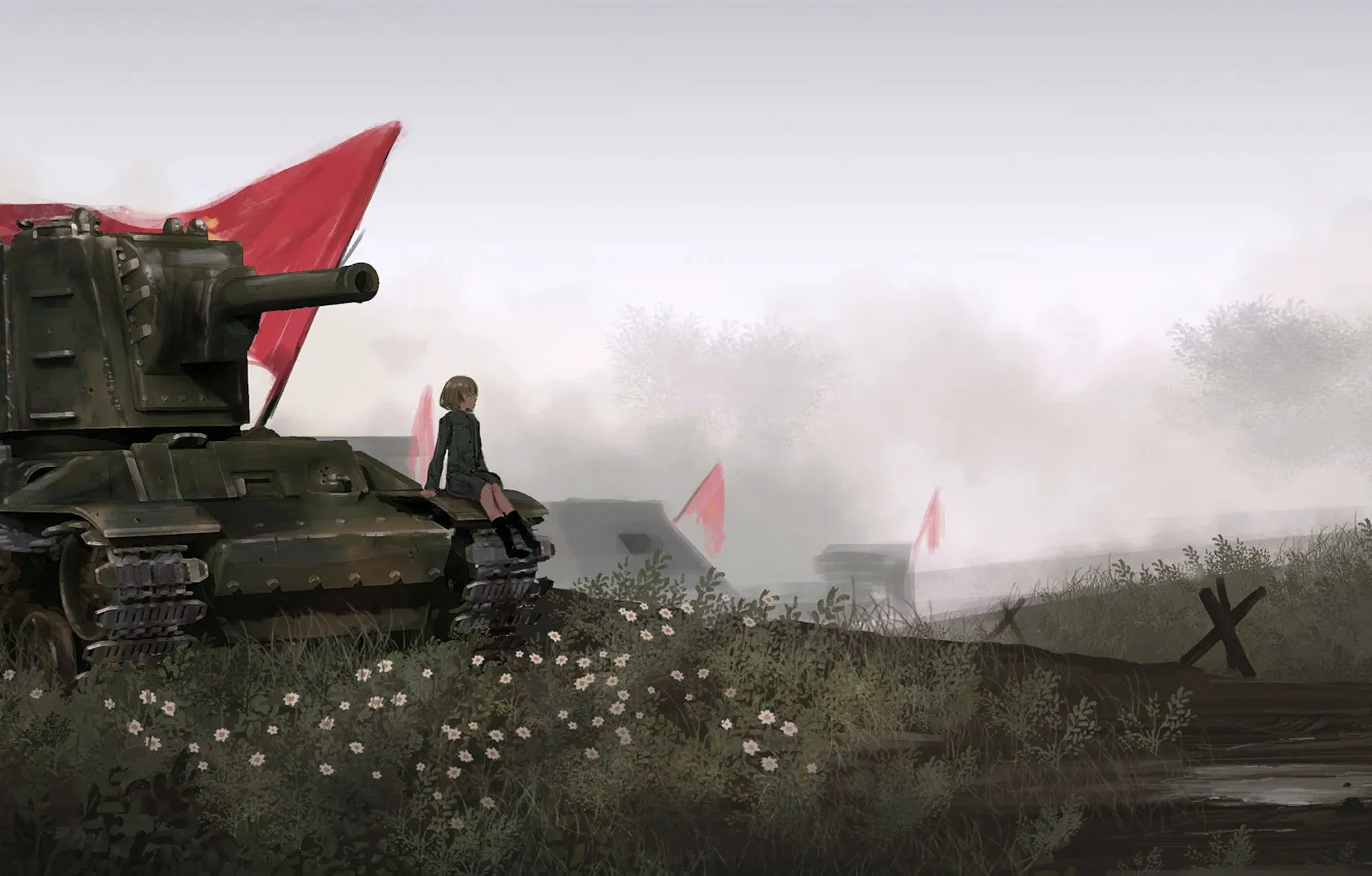 Photo wallpaper Girl, Girl, Tank, Anime, KV-2, Girls and Panzer, Banner
