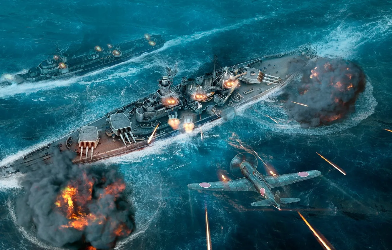 Photo wallpaper Water, The plane, Smoke, Fire, Fighter, Ship, Ships, Flame