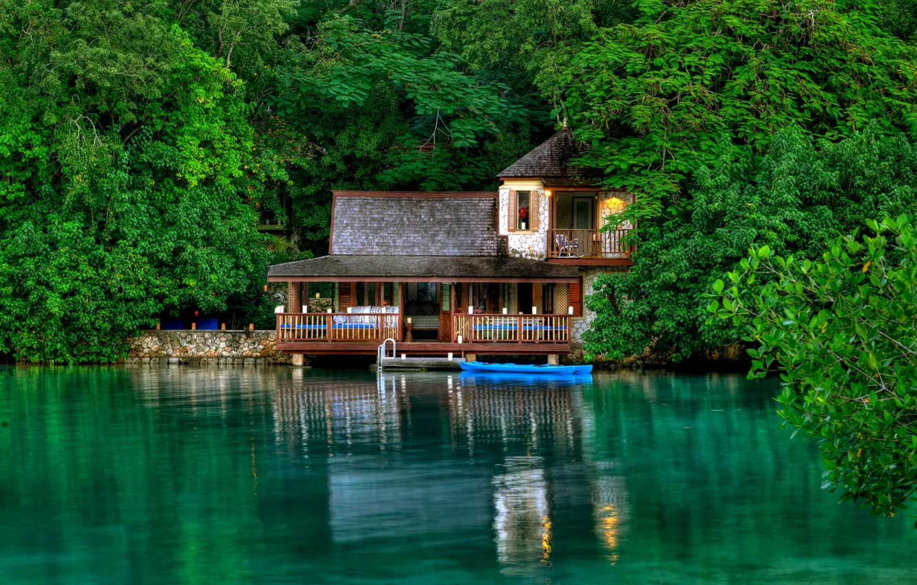 Photo wallpaper greens, leaves, water, trees, house, reflection, stay, island