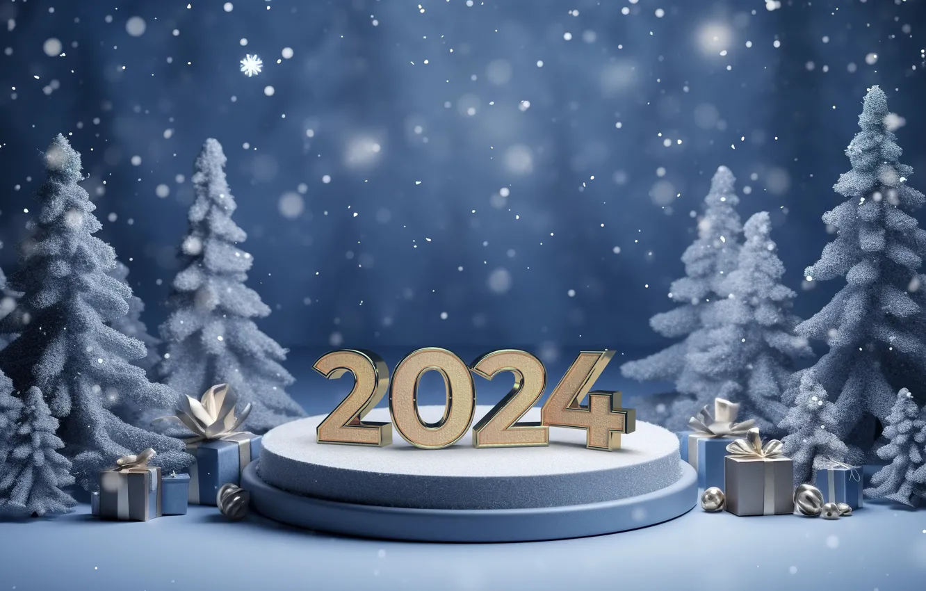 Photo wallpaper winter, snow, tree, New Year, Christmas, figures, golden, new year