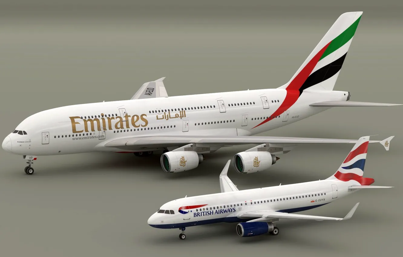 Photo wallpaper models, Airbus A320 British Aiways, Airbus A380 Emirates, Blender3D