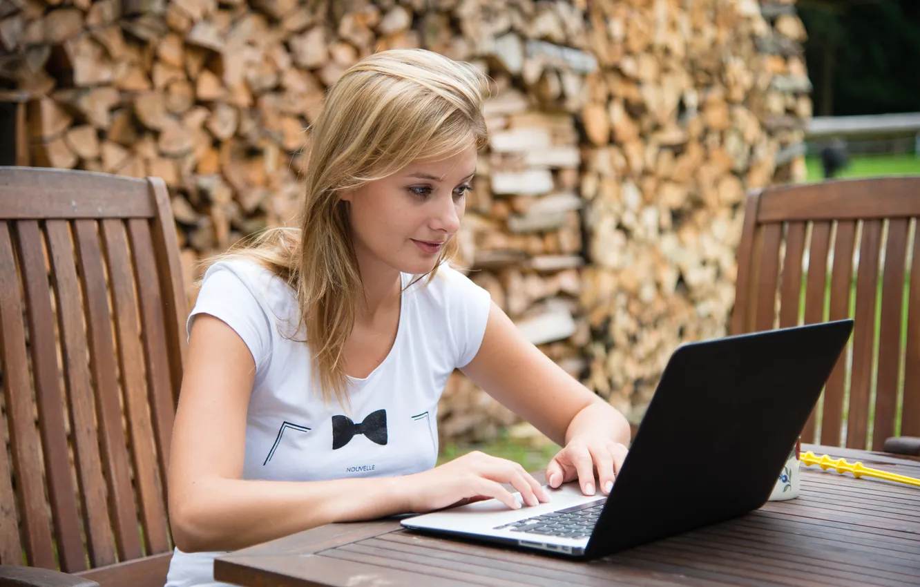 Photo wallpaper model, blonde, laptop, Anna Tatu, Woman Outdoors