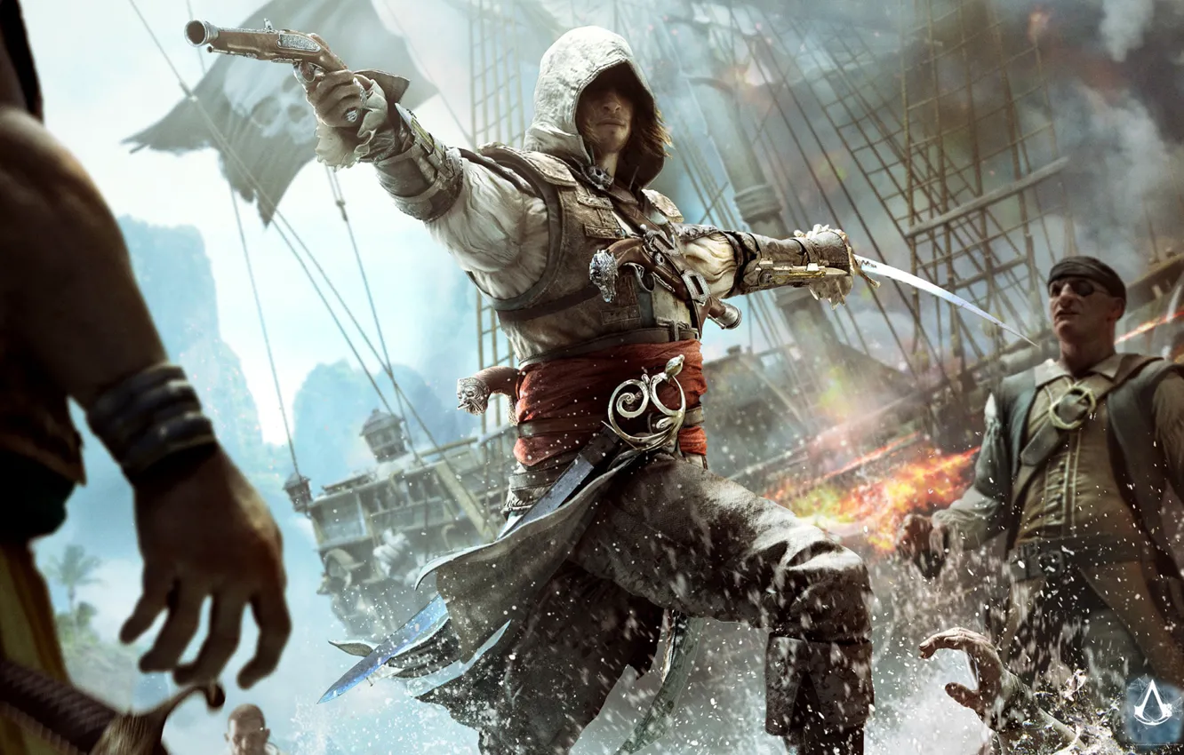 Photo wallpaper gun, ship, sword, flag, pirate, assassin, Edward Kenway, Assassin's Creed IV: Black Flag