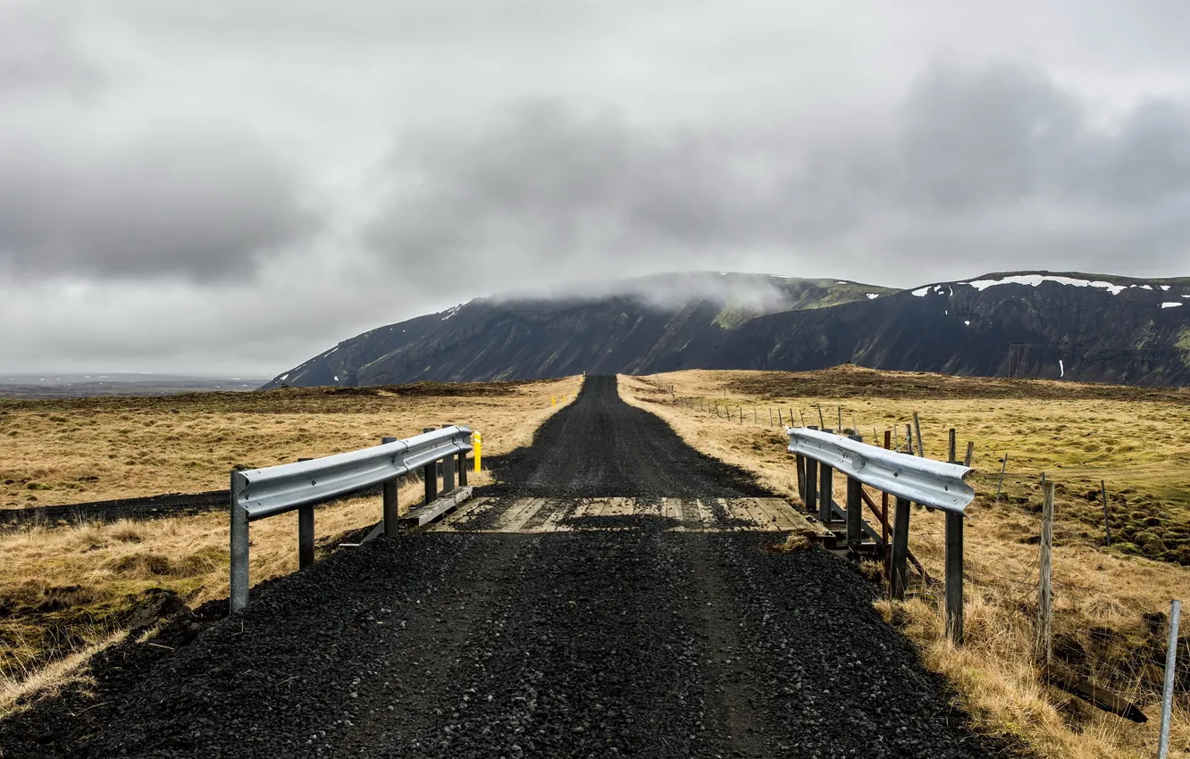 Photo wallpaper road, landscape, mountains, bridge, Iceland, Eyjafjardarsysla