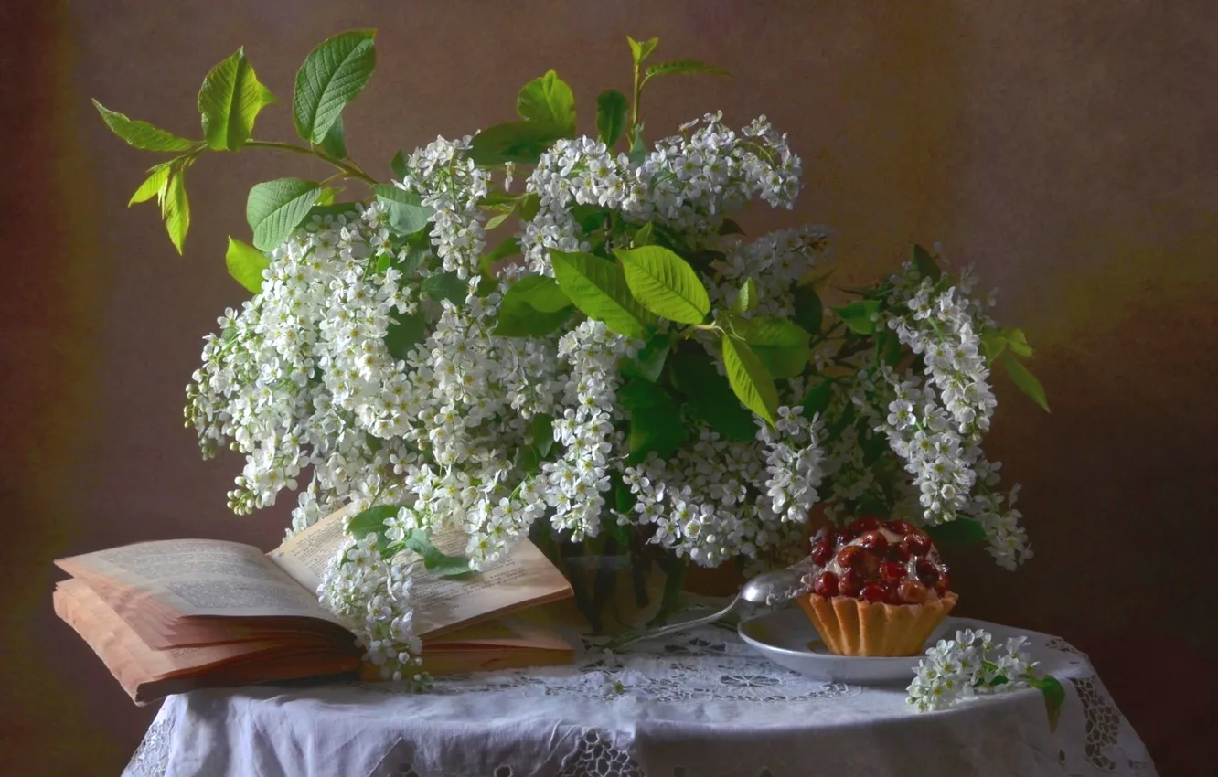 Photo wallpaper still life, book, blossoms, bird cherry