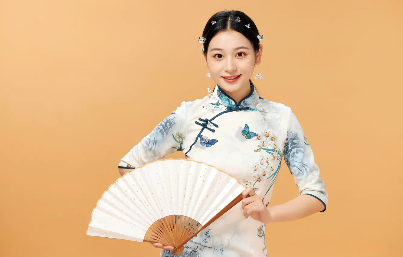 Photo wallpaper smile, model, positive, fan, Chinese, Asian, beautiful girl, smile