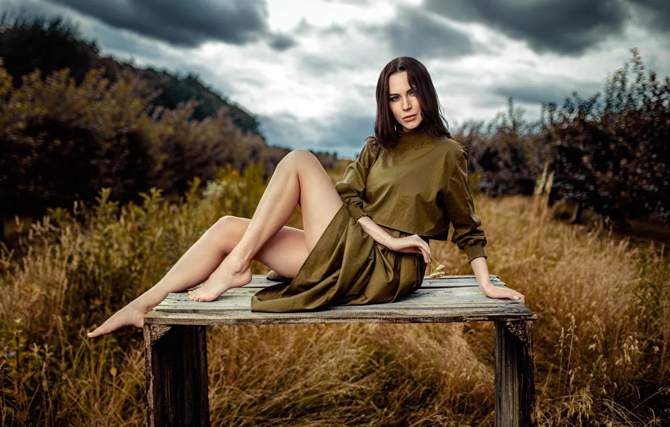 Photo wallpaper grass, look, clouds, nature, sexy, pose, model, portrait