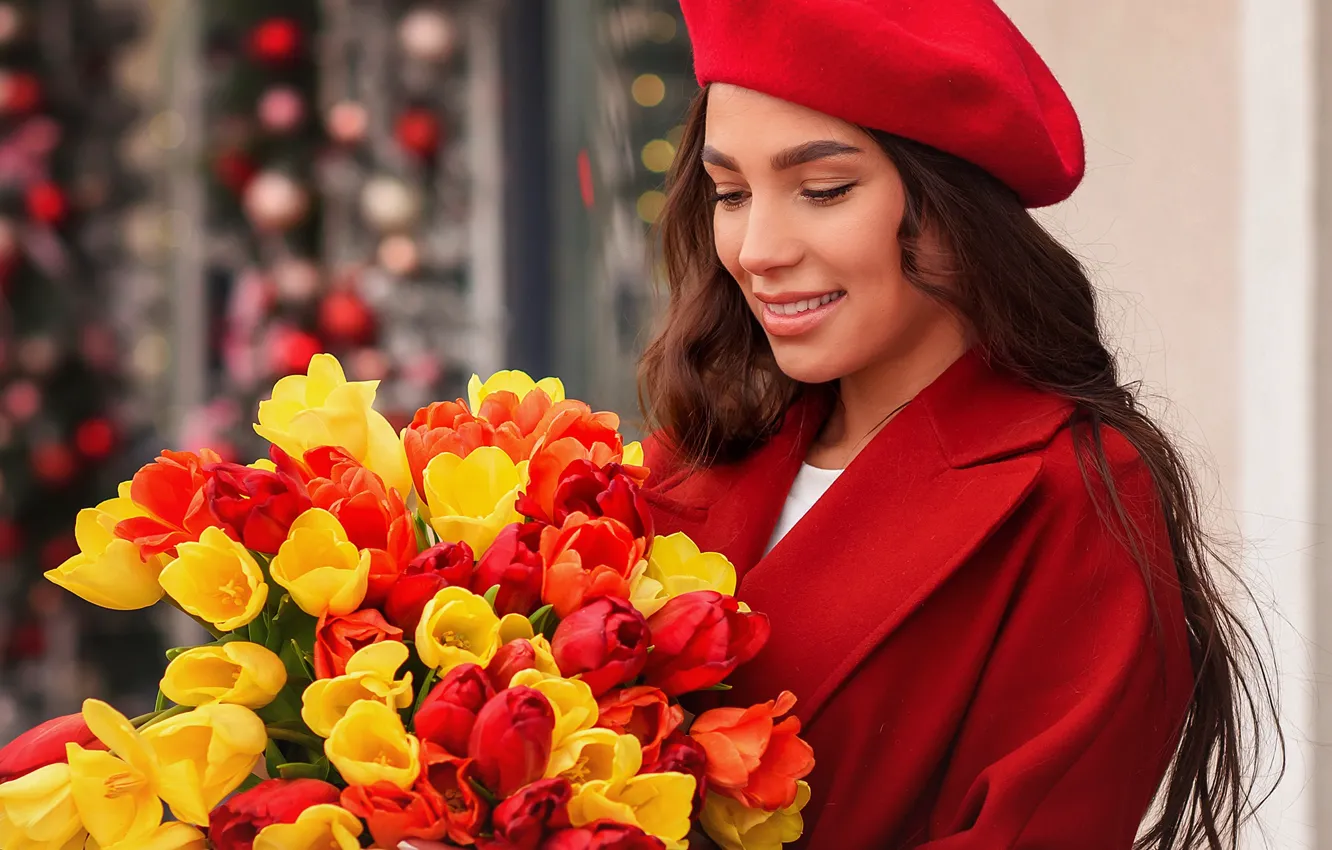 Photo wallpaper girl, bouquet, tulips
