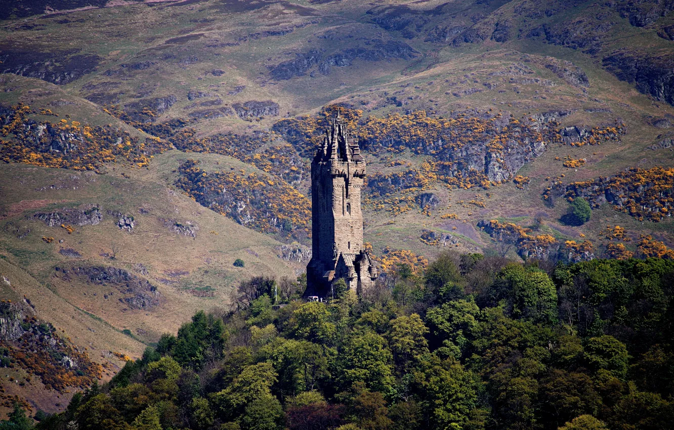 Photo wallpaper trees, mountains, tower, Scotland, Stirling, Wallace Monument Stirling, patnik