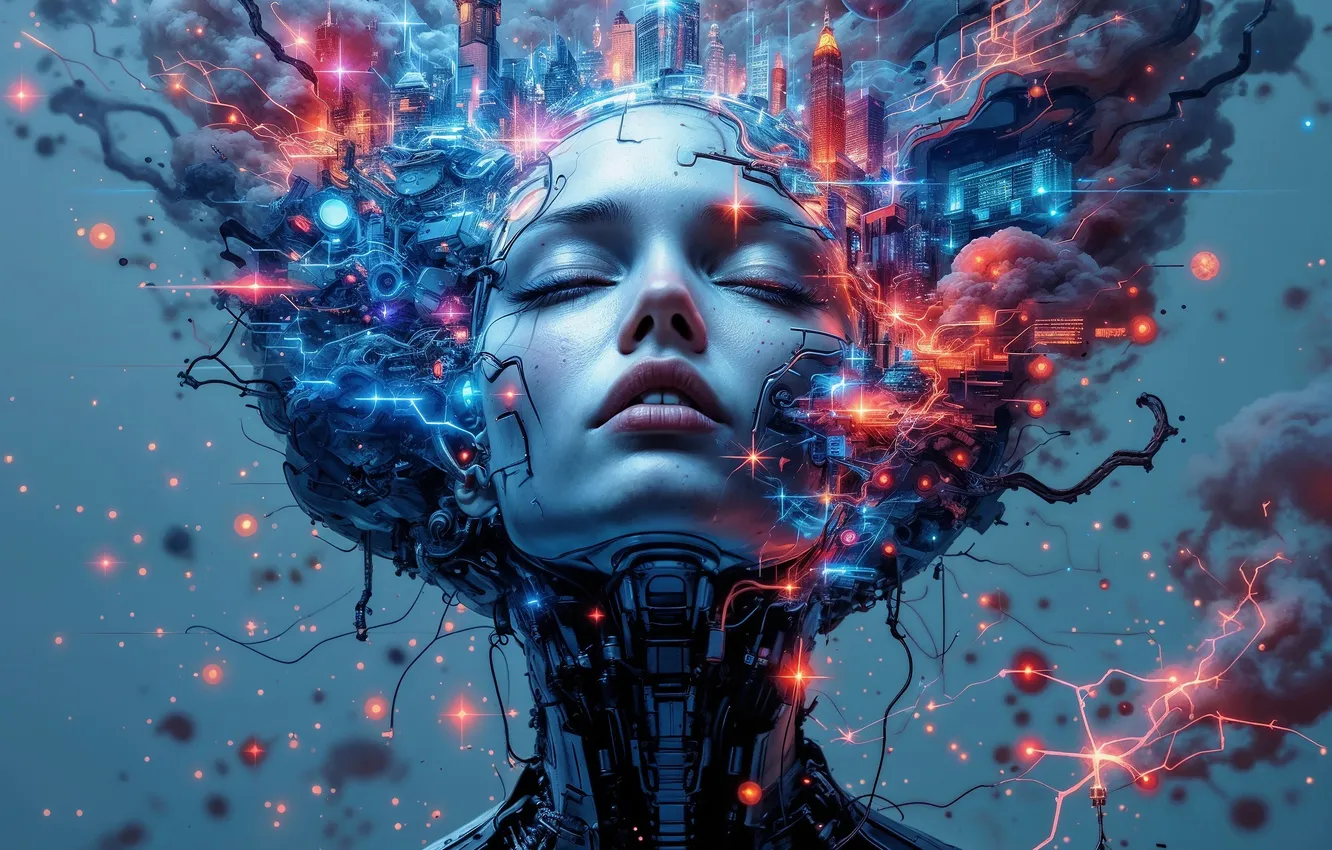Photo wallpaper girl, the city, thoughts, robot, head, electricity, image, cyborg