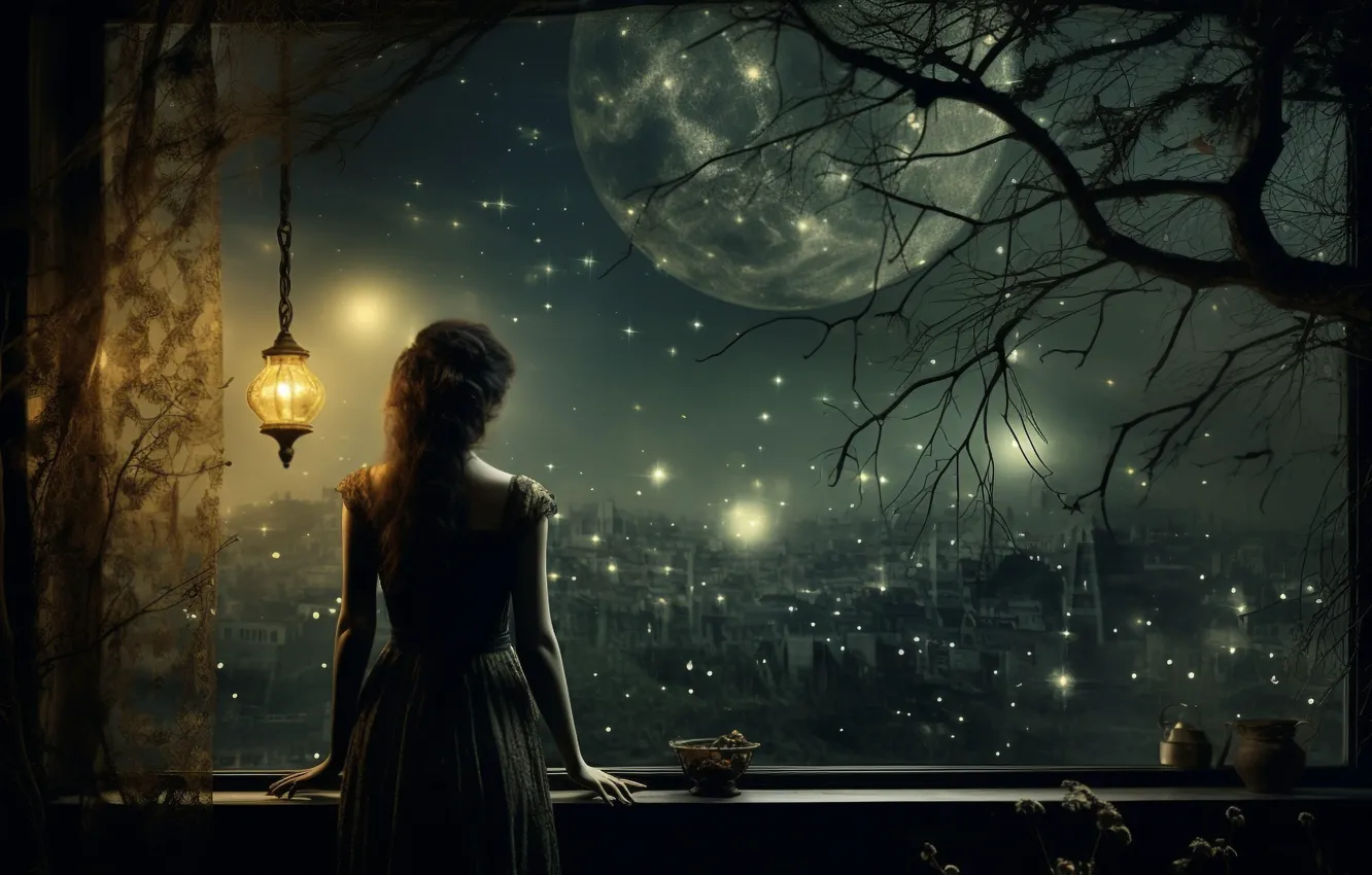 Photo wallpaper girl, night, the moon, window, AI art, The Art of Artificial Intelligence, neural network