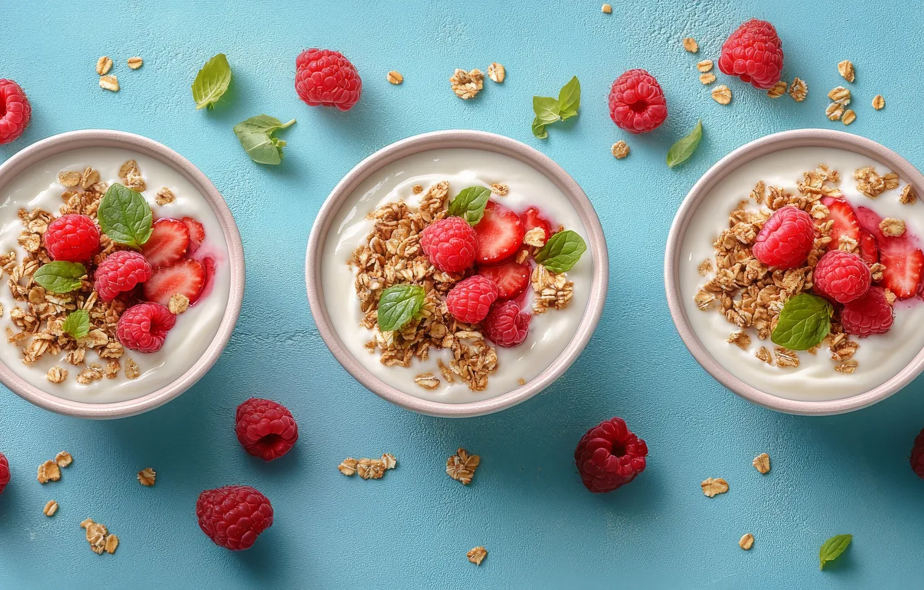 Photo wallpaper berries, raspberry, Breakfast, bowl, trio, dessert, blue background, cereal