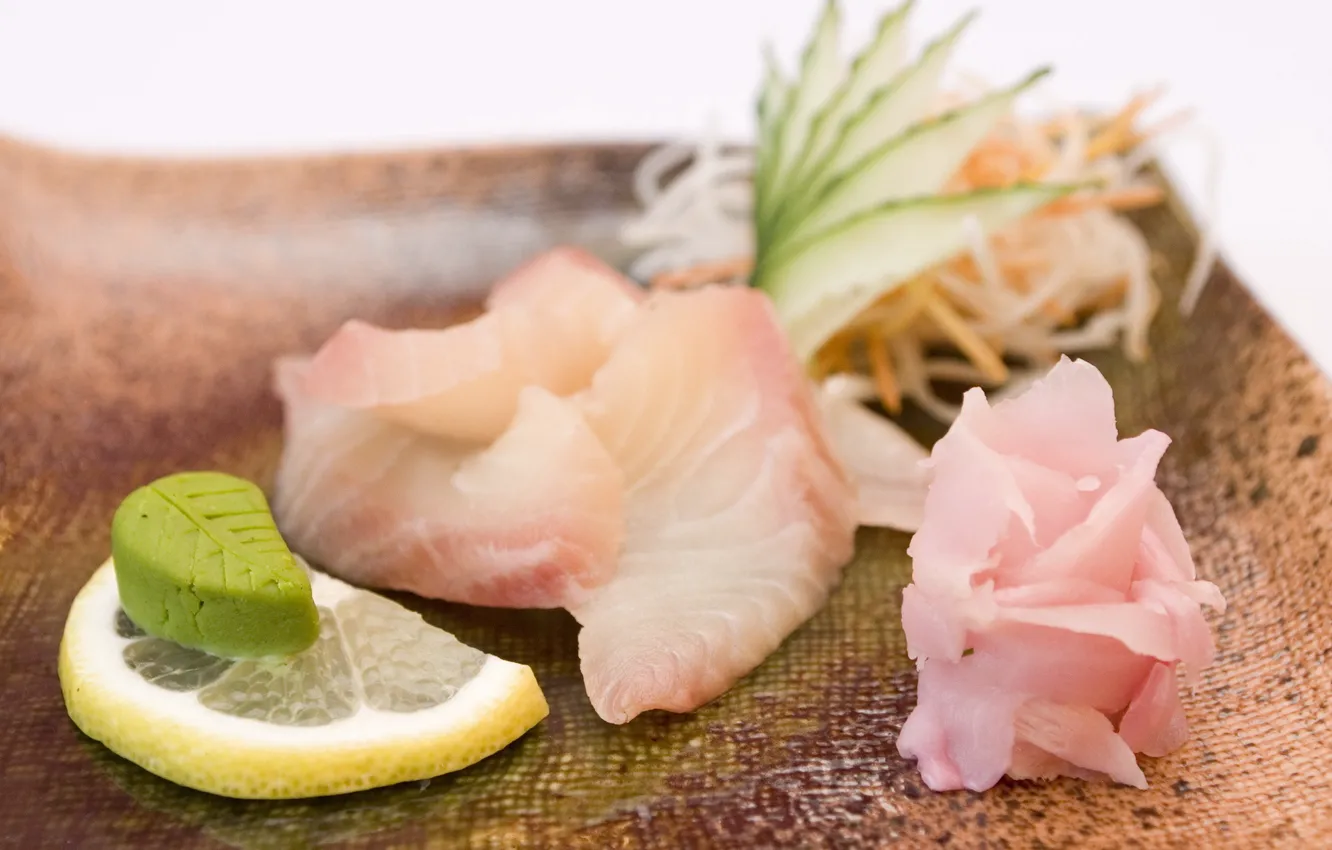 Photo wallpaper Japan, wasabi, ginger, a slice of lemon, fish fillet