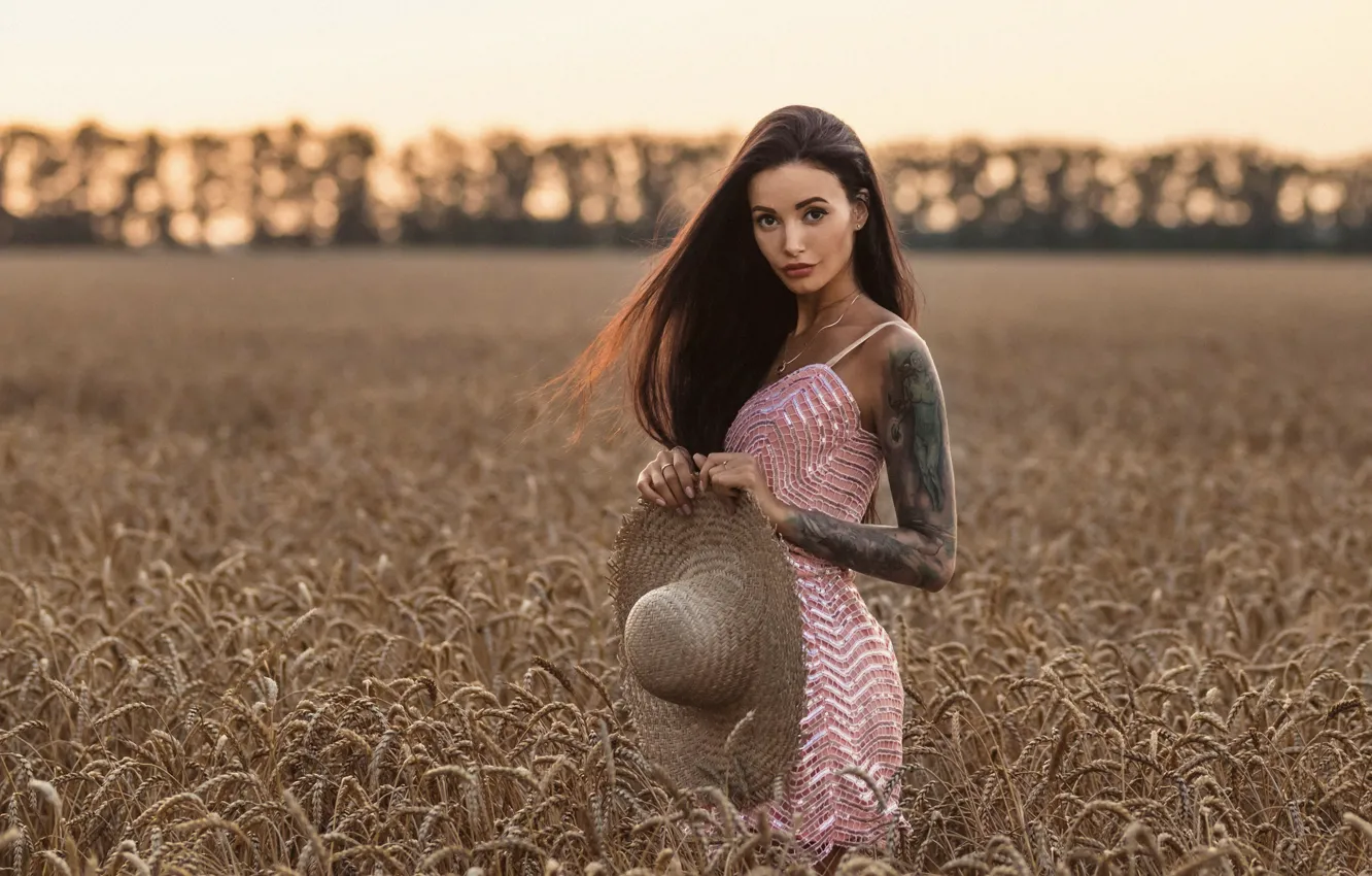 Photo wallpaper wheat, chest, girl, model, hat, tattoo, Louis of Navarre, Anna Sakharov