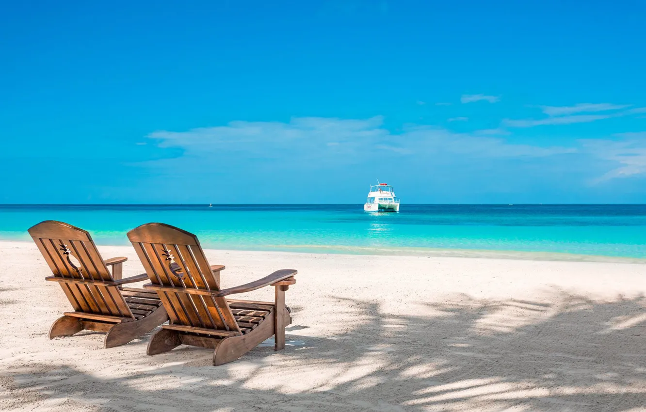 Photo wallpaper sand, sea, beach, chair, yacht