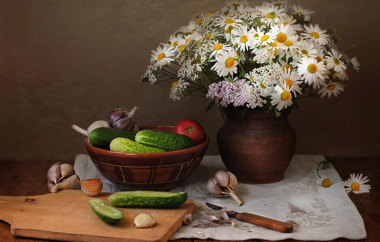 Photo wallpaper summer, flowers, chamomile, towel, bouquet, knife, pot, bowl
