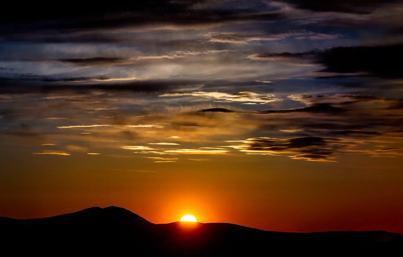 Photo wallpaper the sky, the sun, clouds, sunset, mountains, horizon