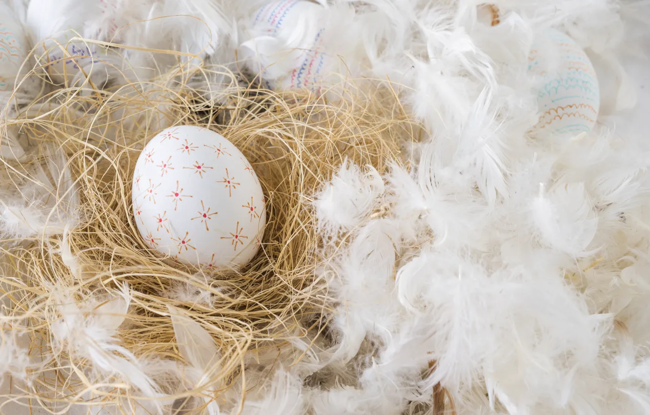 Photo wallpaper holiday, pattern, eggs, spring, feathers, Easter, socket, straw