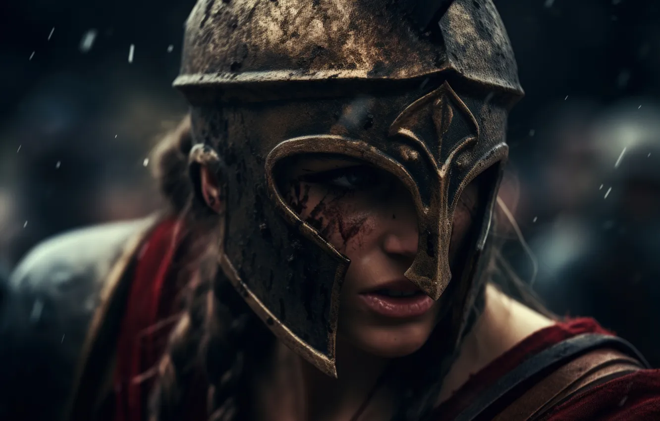 Photo wallpaper look, girl, hair, helmet, warrior, closeup, digital art, Ancient Greece