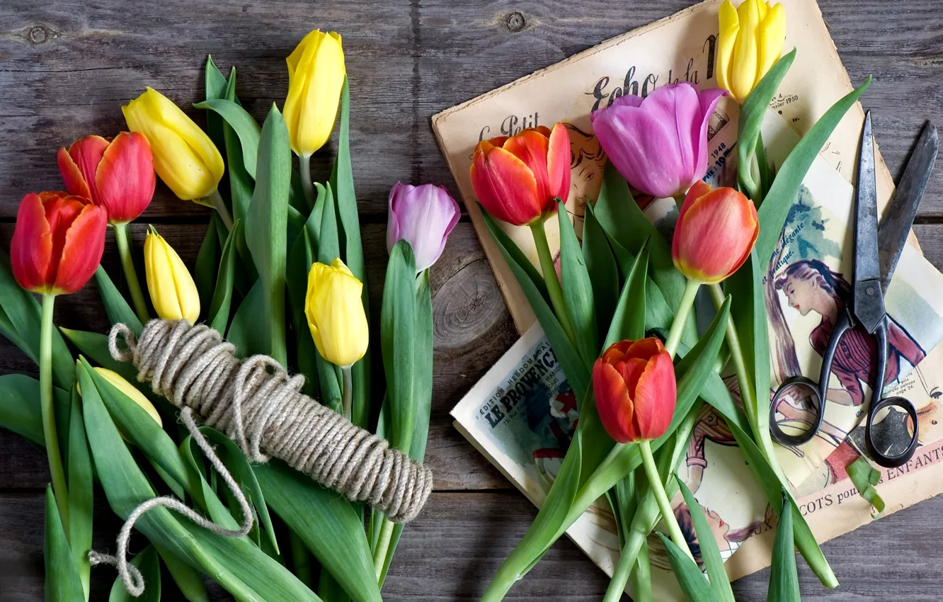 Photo wallpaper spring, tulips, picture, scissors, string