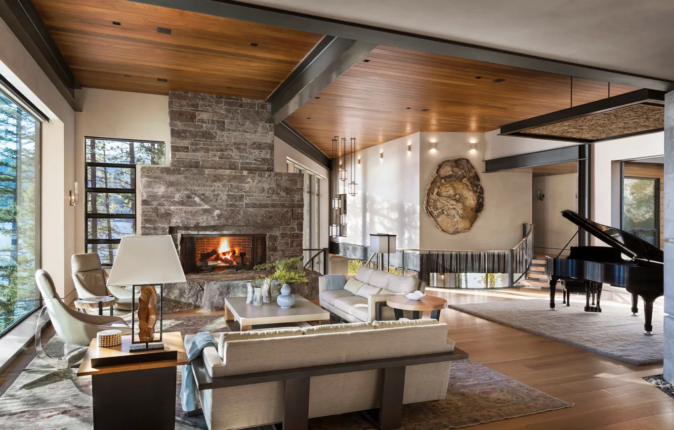 Photo wallpaper Villa, interior, piano, fireplace, living room, Idaho, Cliff House