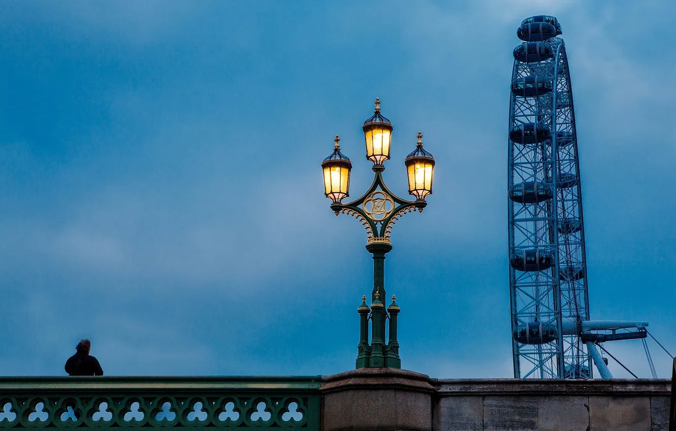 Photo wallpaper bridge, England, London, the evening, lighting, lantern, UK, Ferris wheel