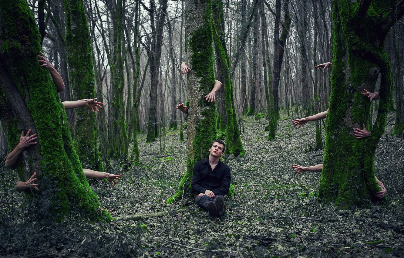 Photo wallpaper forest, hands, guy