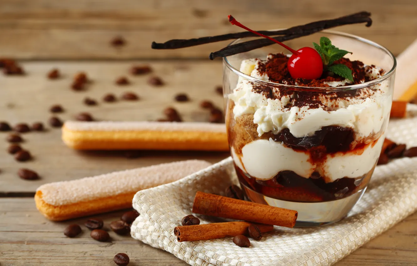 Photo wallpaper cookies, glass, cherry, cinnamon, cream, dessert, sweet, vanilla