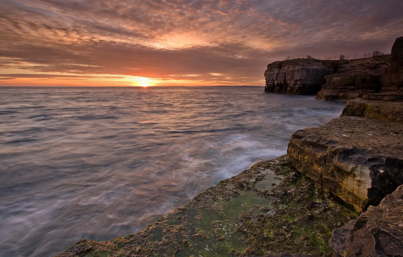 Photo wallpaper water, the sun, sunset, stones, shore