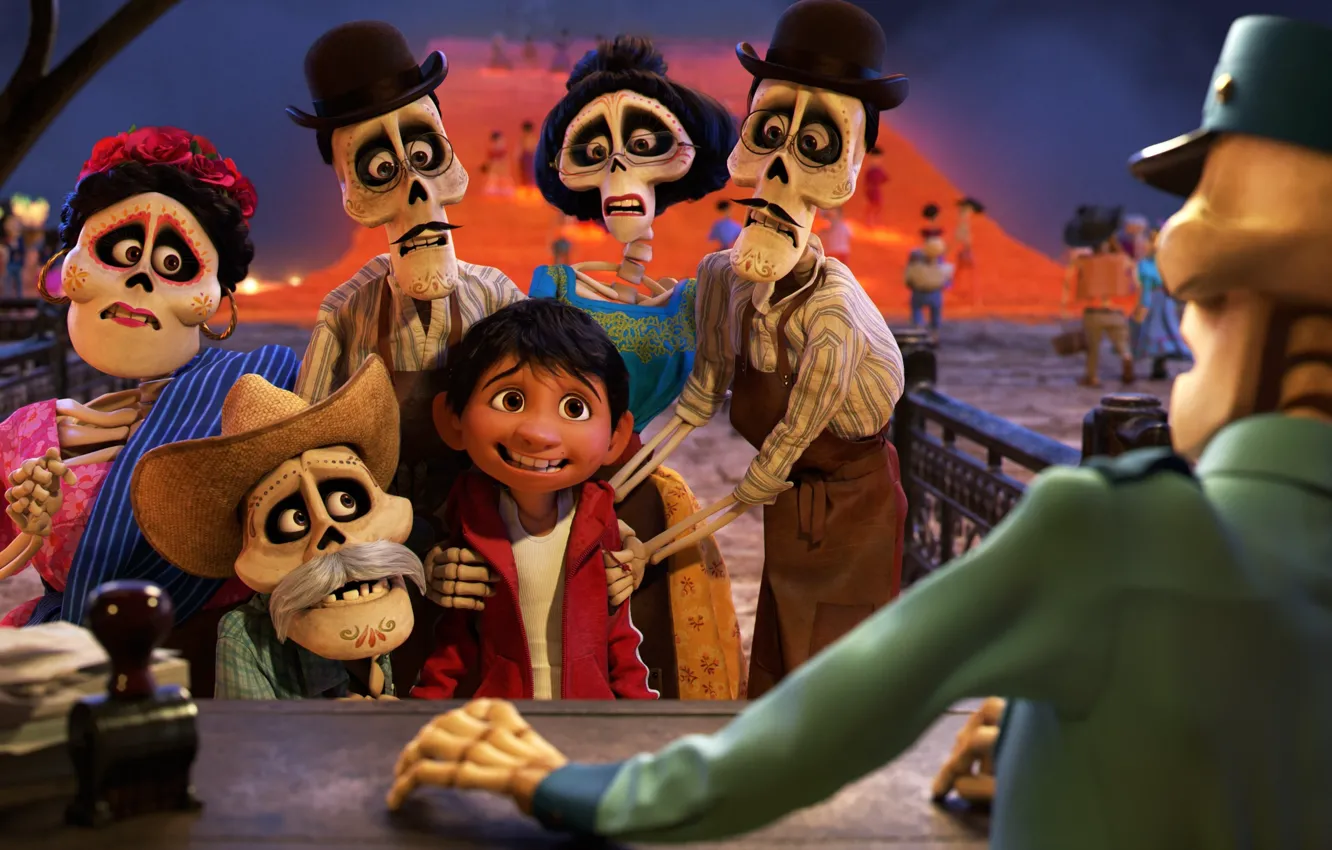 Photo wallpaper Pixar, hat, eyes, boy, Coco, animated film, bones, animated movie