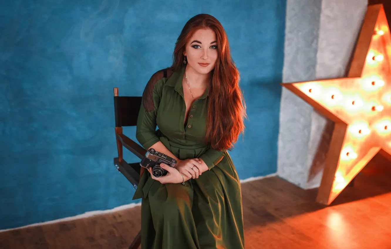 Photo wallpaper look, girl, stars, face, sweetheart, portrait, dress, light