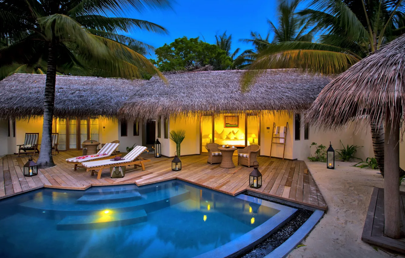 Photo wallpaper palm trees, furniture, bed, the evening, candles, pool, chairs, house