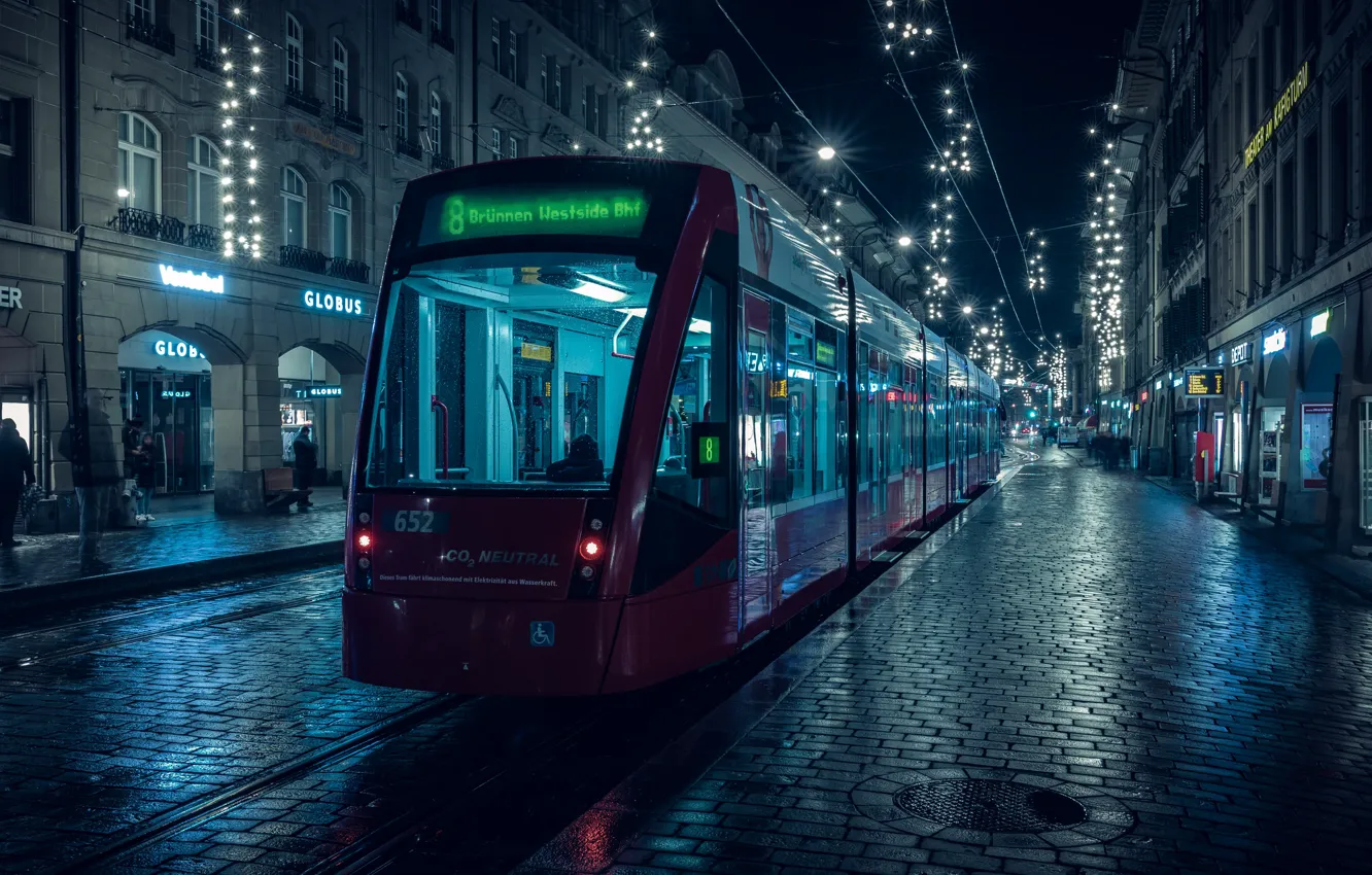 Photo wallpaper Home, The evening, The city, Wire, Street, Advertising, Tram, Lights