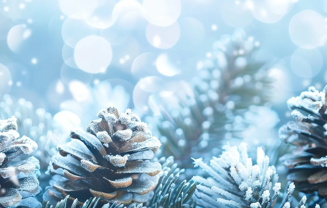 Photo wallpaper winter, frost, snow, branches, new year, Christmas, banner, needles