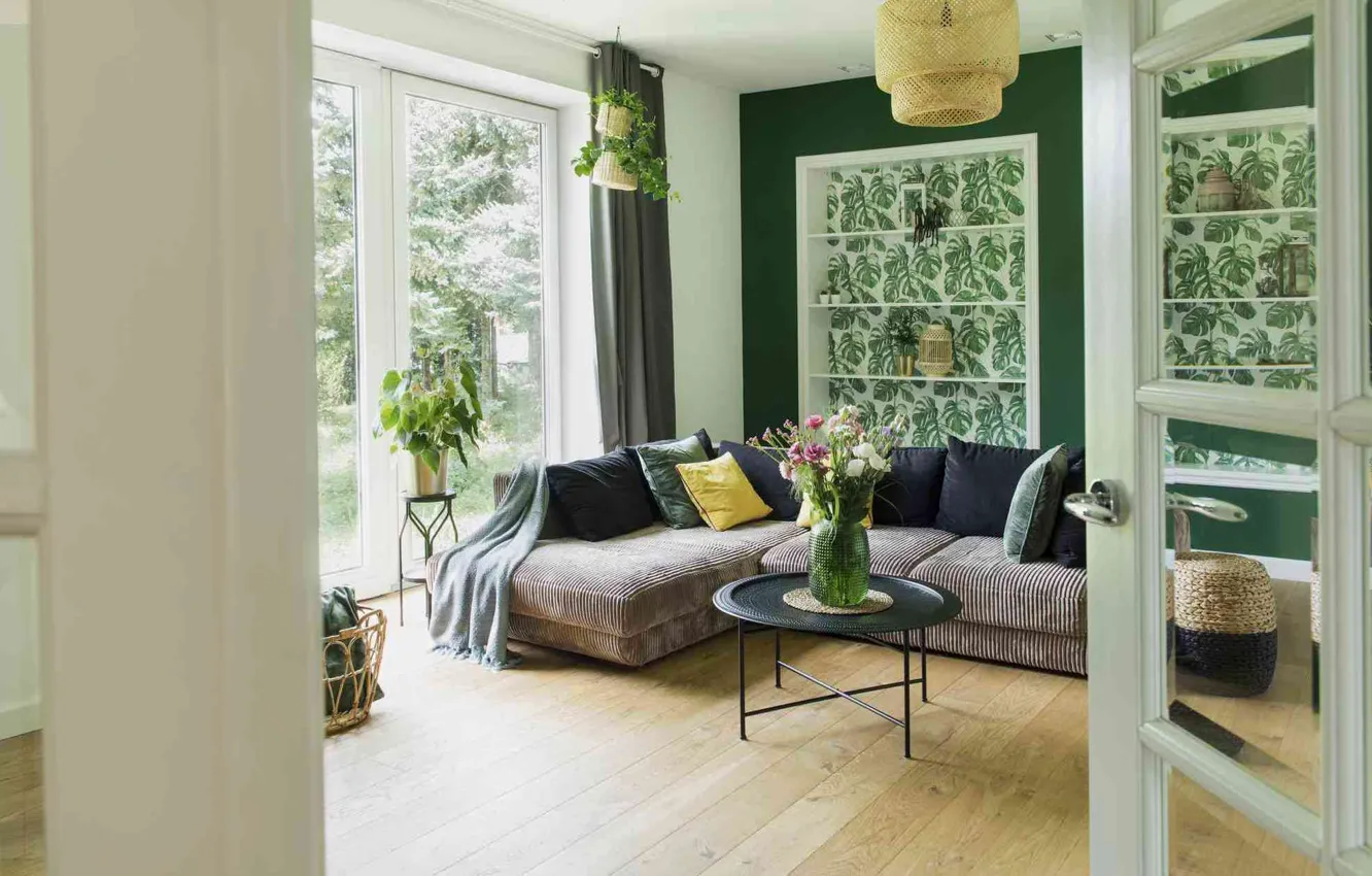 Photo wallpaper flowers, design, room, interior, sofa, green, living room
