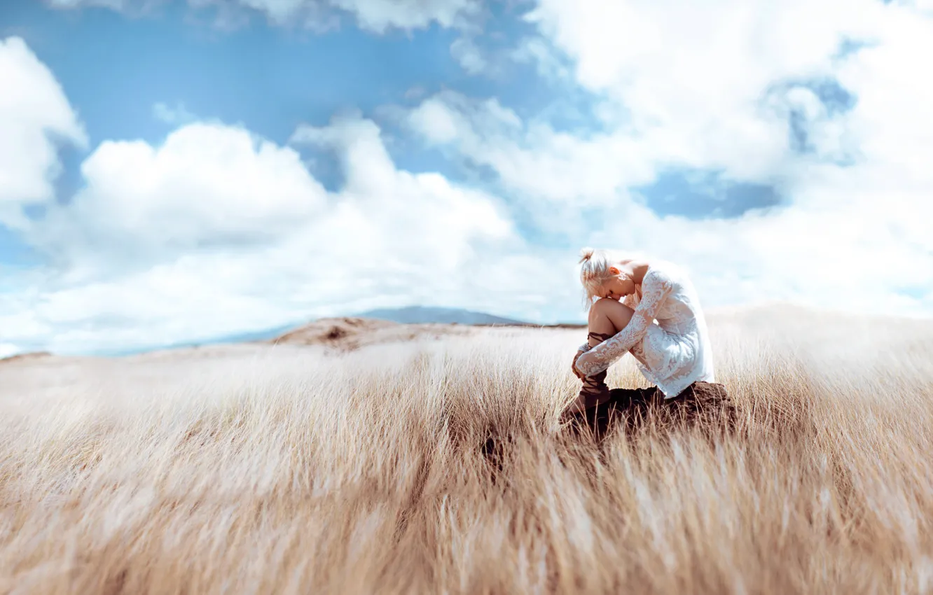Photo wallpaper girl, the steppe, loneliness, stone, feather, Kindra Nikole