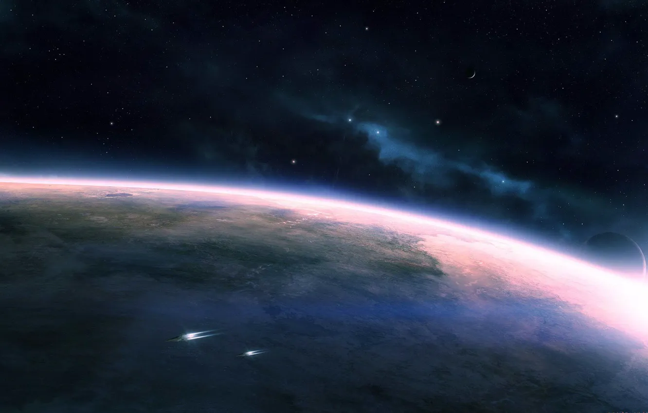 Photo wallpaper space, stars, ship, planet