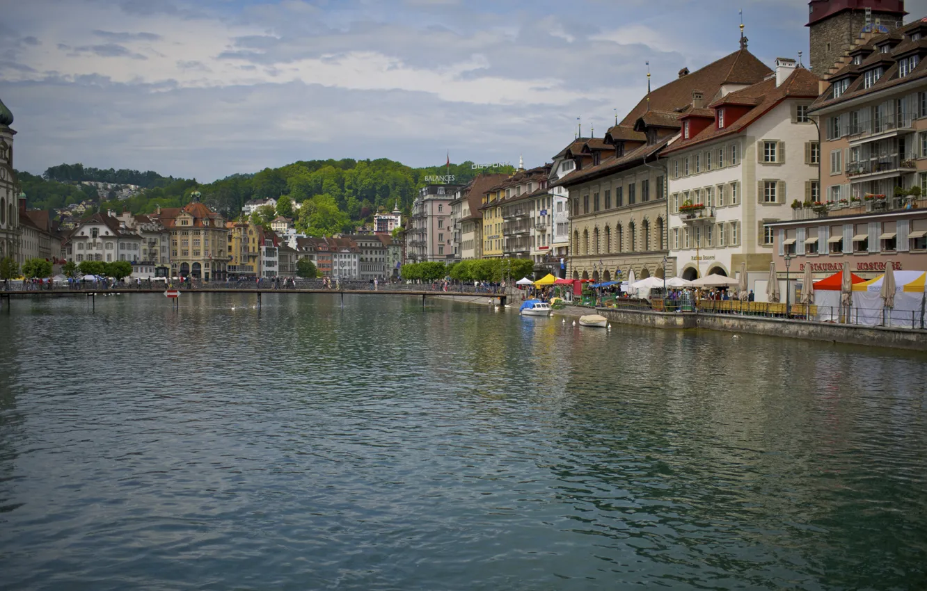 Photo wallpaper the sky, trees, bridge, river, home, Switzerland, Lucerne