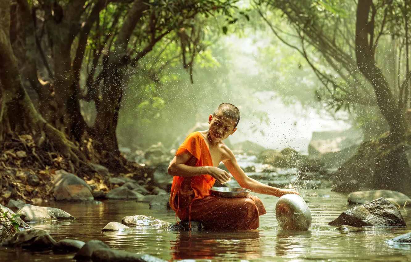 Photo wallpaper nature, boy, asian, monk