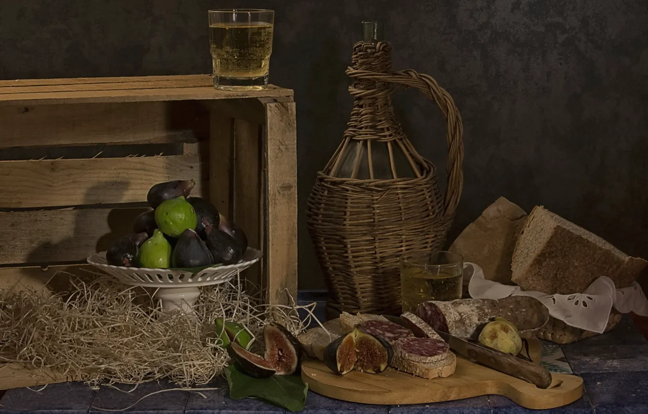 Photo wallpaper wine, still life, sandwich, figs