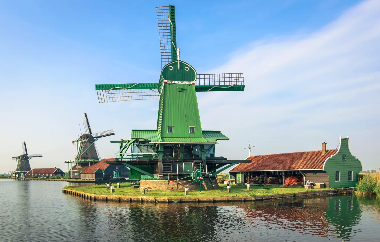 Photo wallpaper the sky, the sun, river, village, mill, Museum, Netherlands, Zaanse Schans