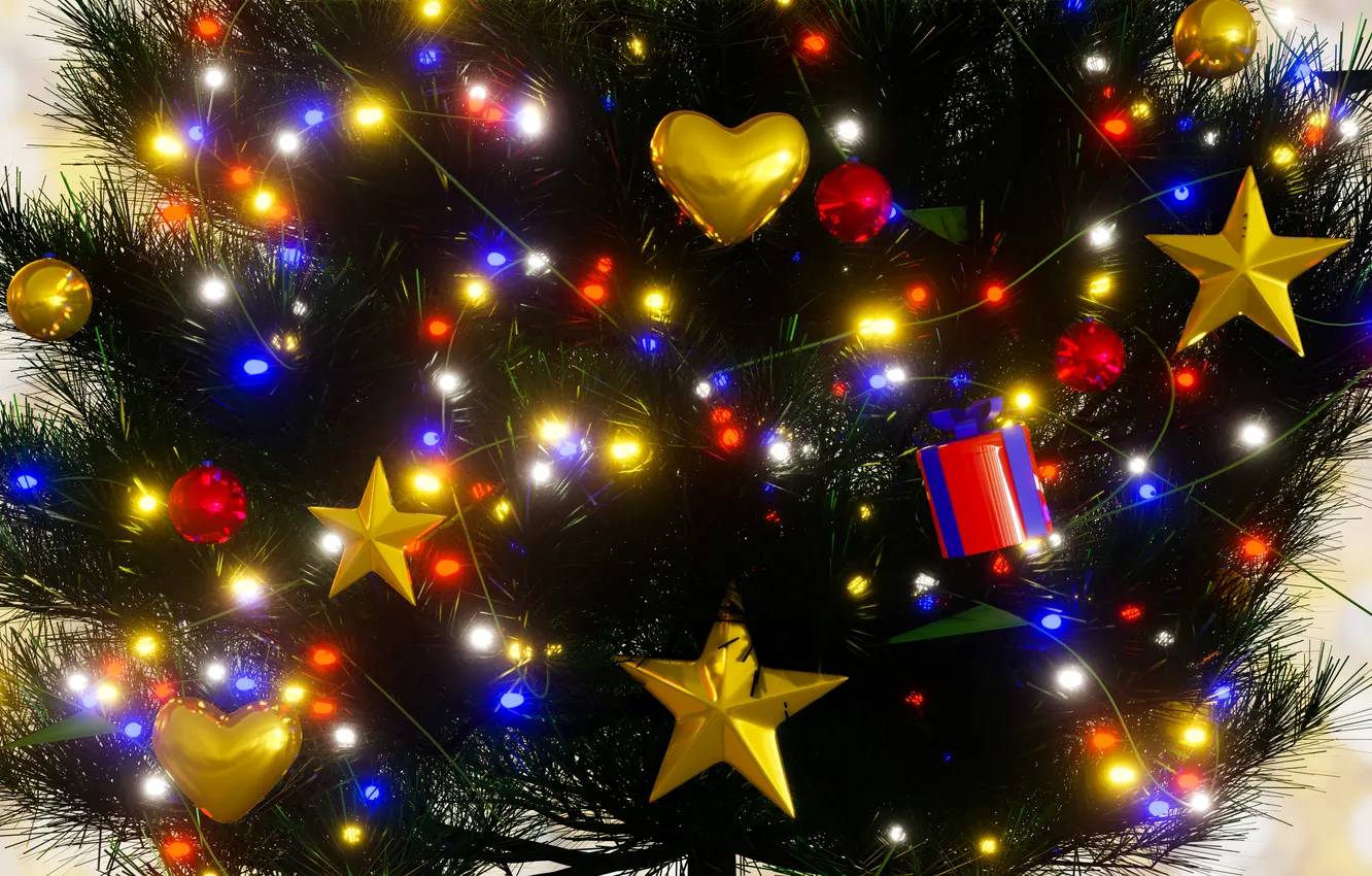 Photo wallpaper stars, balls, branches, lights, the dark background, new year, Christmas, hearts