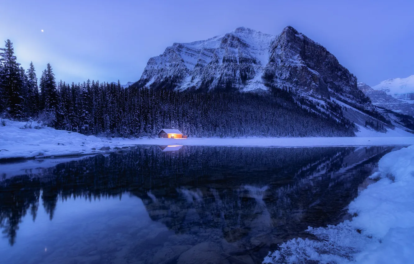 Photo wallpaper winter, forest, snow, mountains, lake