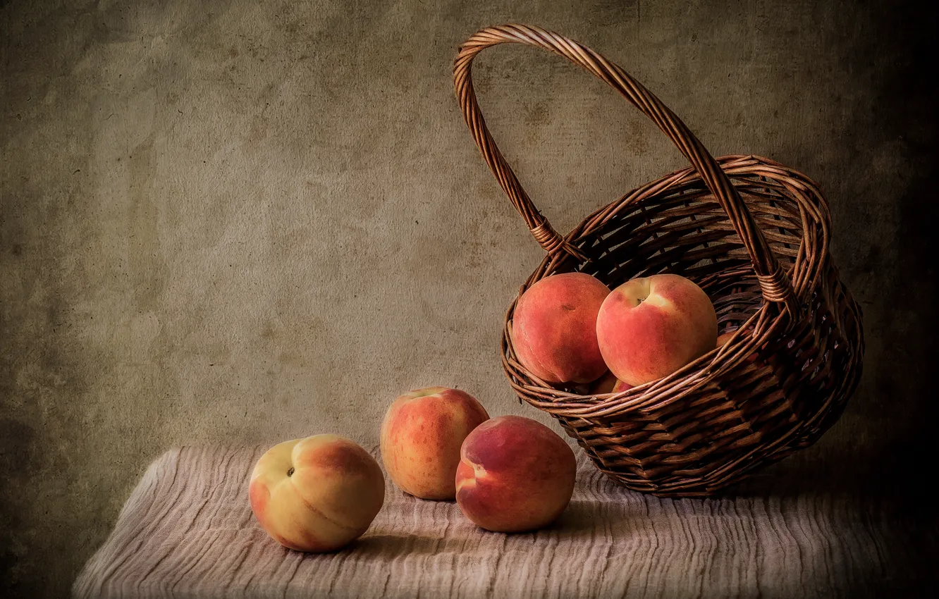 Photo wallpaper still life, basket, peaches