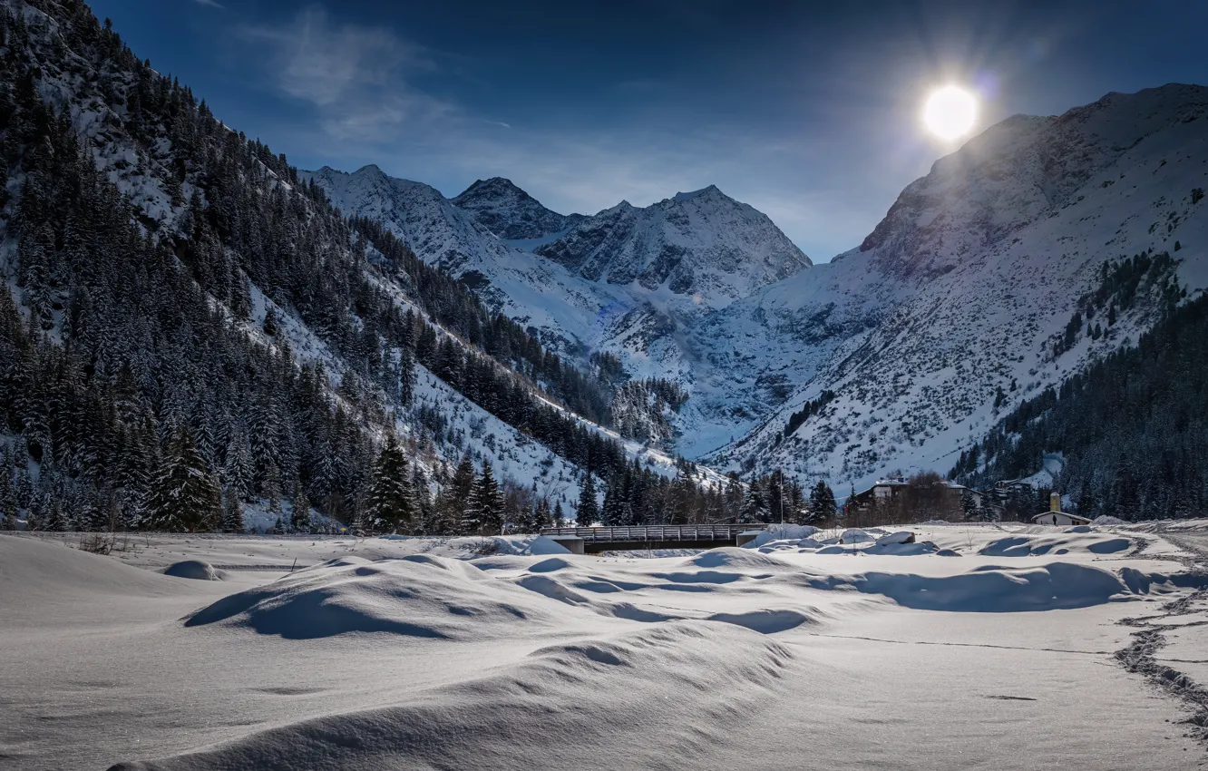 Photo wallpaper winter, snow, mountains, Austria, valley, Alps, the snow, Austria