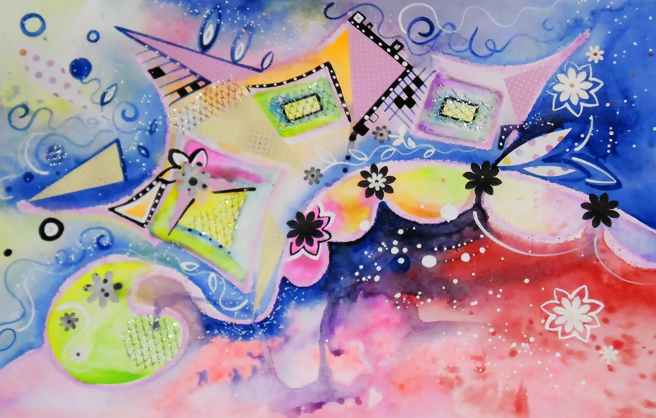 Photo wallpaper flowers, figure, squares, figure, watercolor