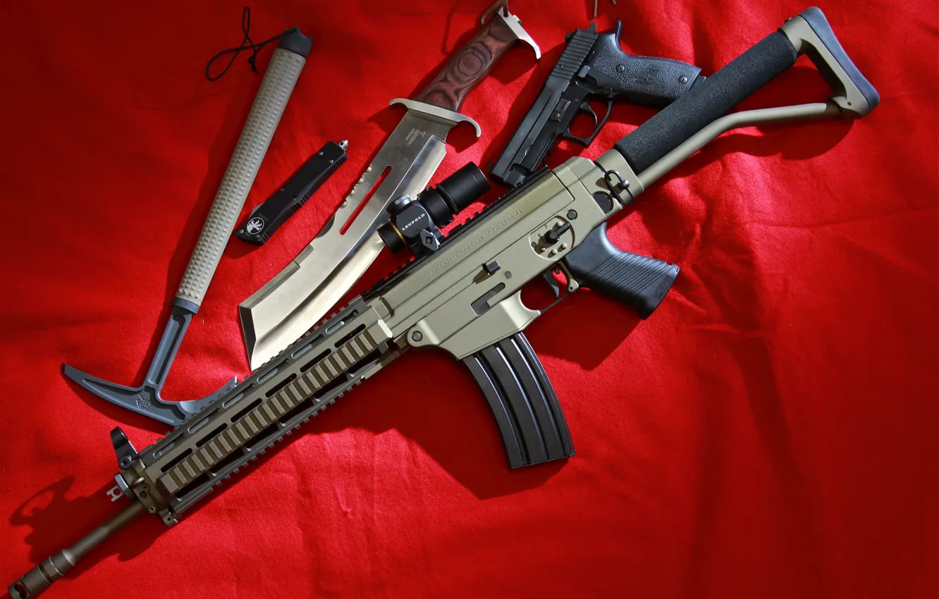 Photo wallpaper gun, weapons, knife, machine, assault rifle, hatchet, SIG 556