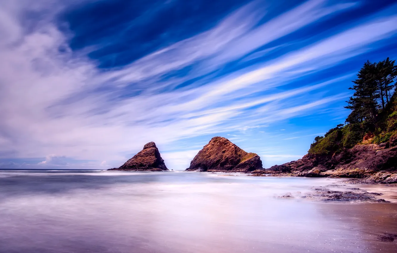Photo wallpaper sea, the sky, clouds, coast, horizon, Oregon, USA